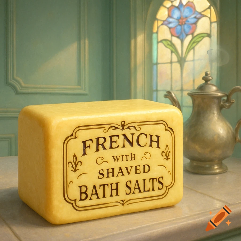 A block of yellow butter-like substance labeled 'French with shaved bath salts' on a counter, with a teapot and stained glass window in the background.