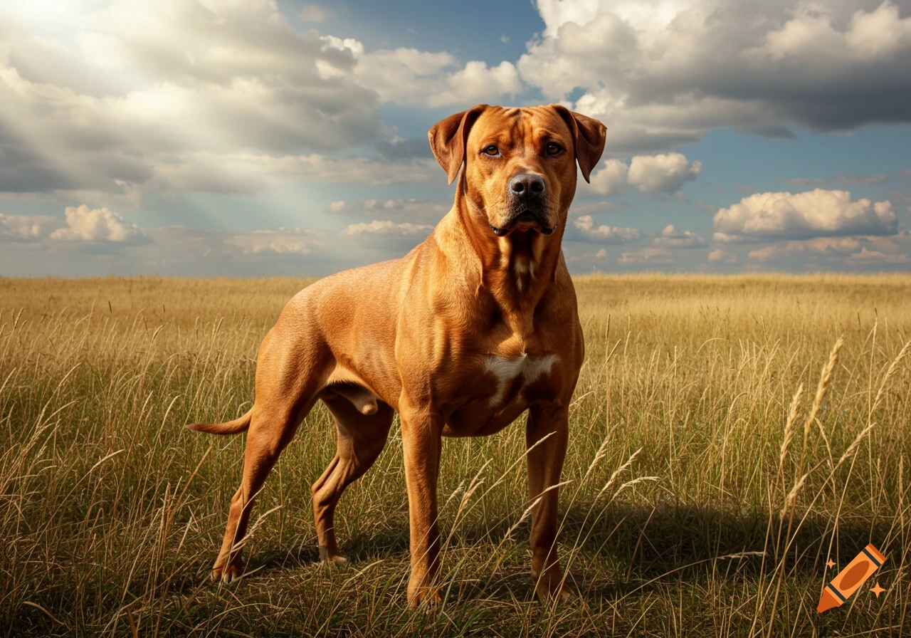 A muscular brown Rhodesian Ridgeback dog stands in a golden field under a cloudy sky, looking directly at the viewer.