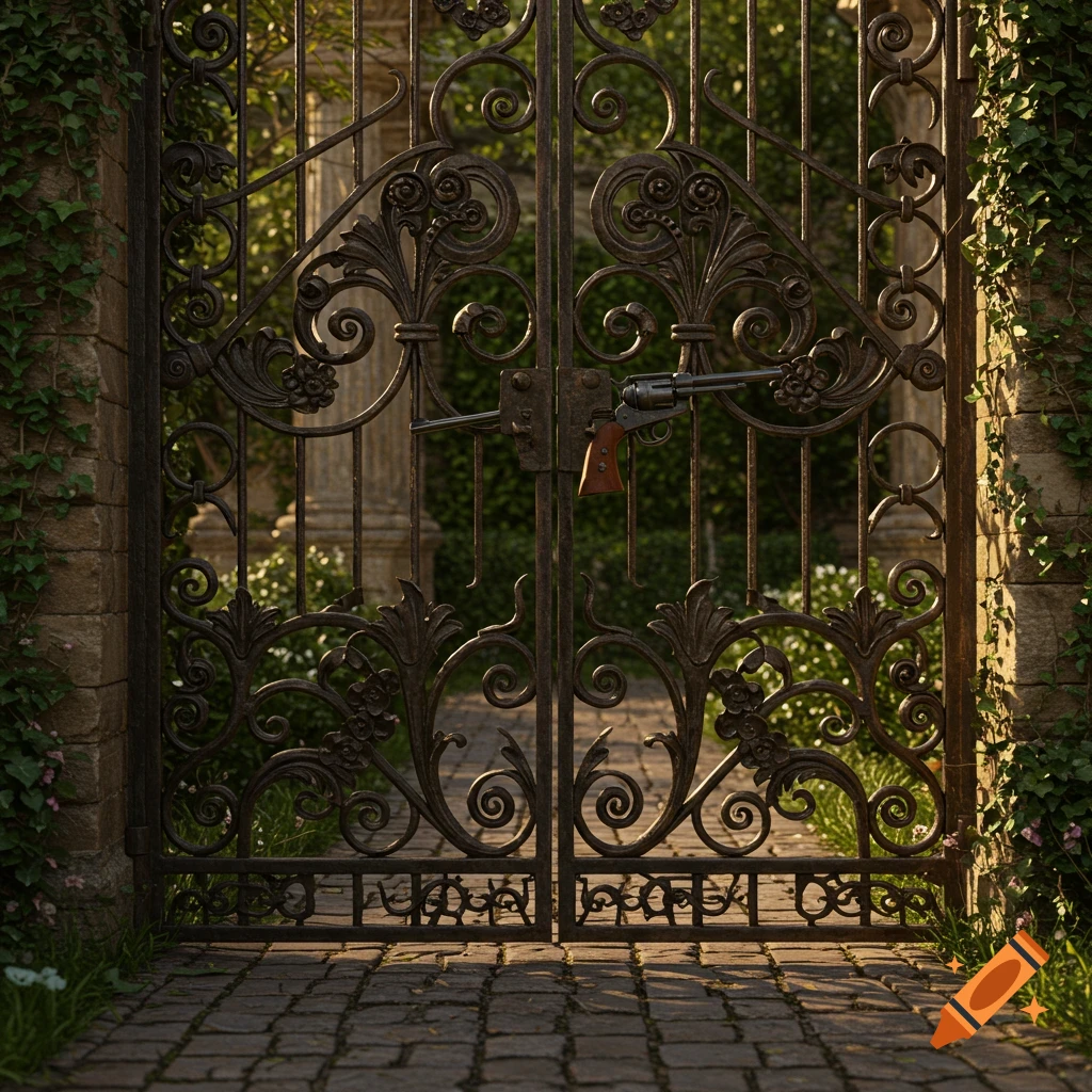 An ornate metal gate with a handgun serving as a lock, flanked by ivy-covered stone pillars leading to a garden path.