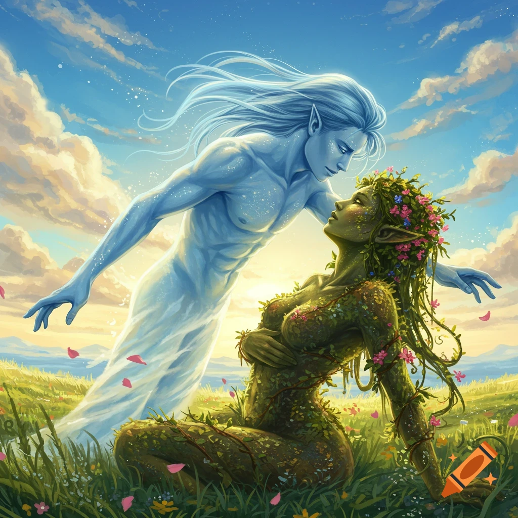 A man made of sky leans over a woman made of land covered in vines and flowers, in a field under a cloudy sky.