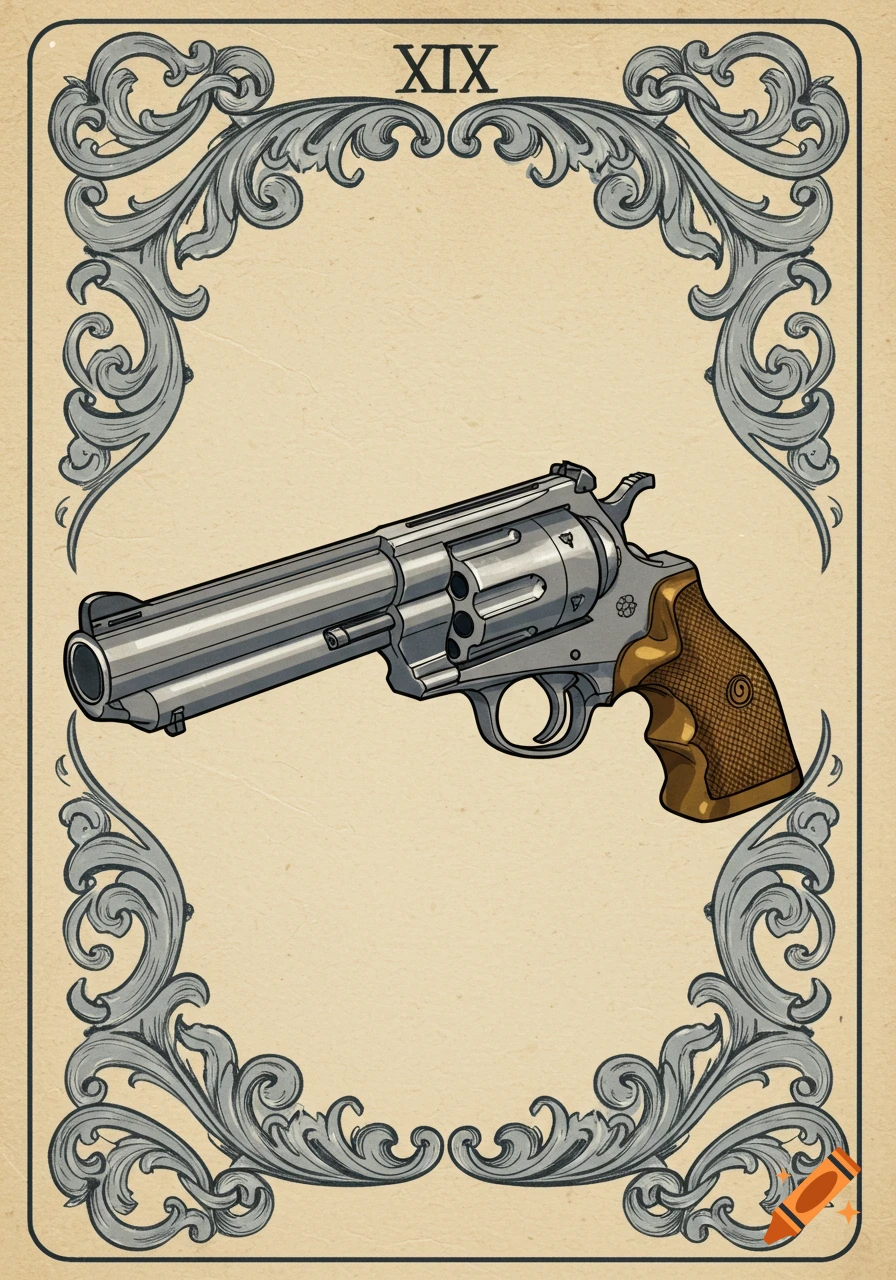 Ornate drawing of a revolver on a vintage-style tarot card with the Roman numeral XIX at the top.