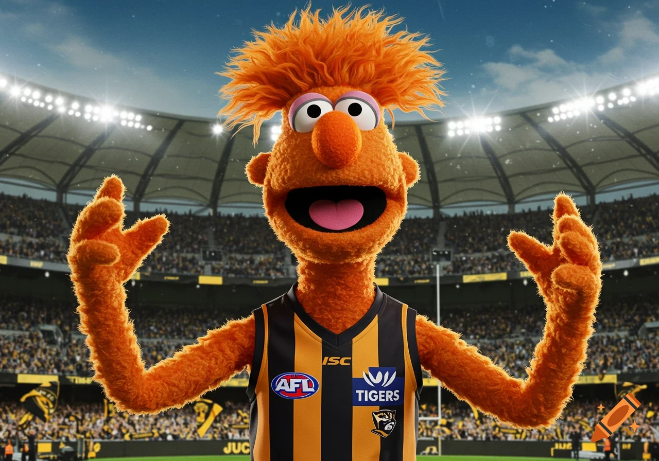 A furry orange puppet resembling Beaker from The Muppets wears a striped black and yellow Richmond Tigers AFL jersey in a brightly lit sports stadium.