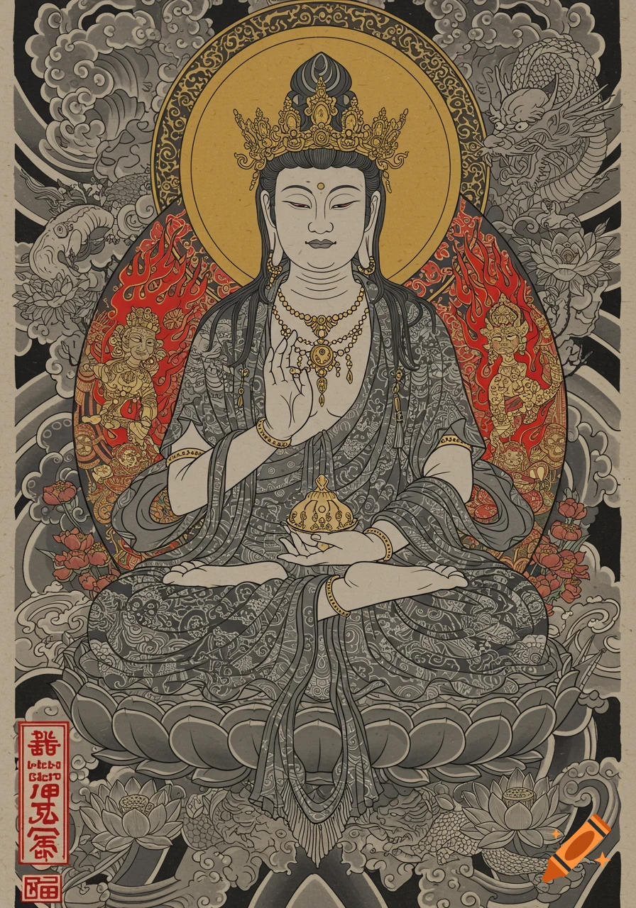 A vibrant traditional Japanese tattoo-style illustration of Mahavairocana Buddha seated on a lotus, surrounded by flames and dragons.