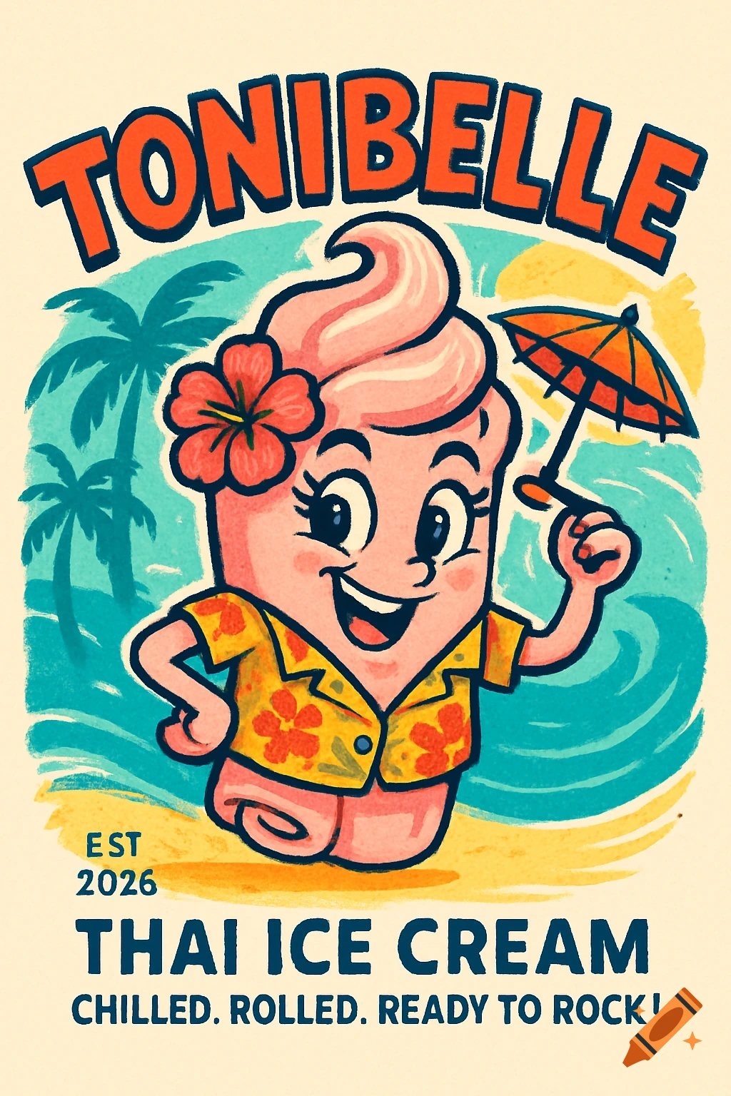 A vibrant cartoon mascot of pink swirled ice cream in a Hawaiian shirt holding a parasol on a beach, advertising 'TONIBELLE Thai Ice Cream'.