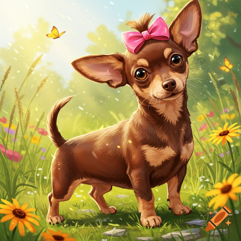 A brown chihuahua-dachshund mix puppy with a pink bow stands in a sunny field of green grass and colorful flowers with butterflies, looking at the viewer.