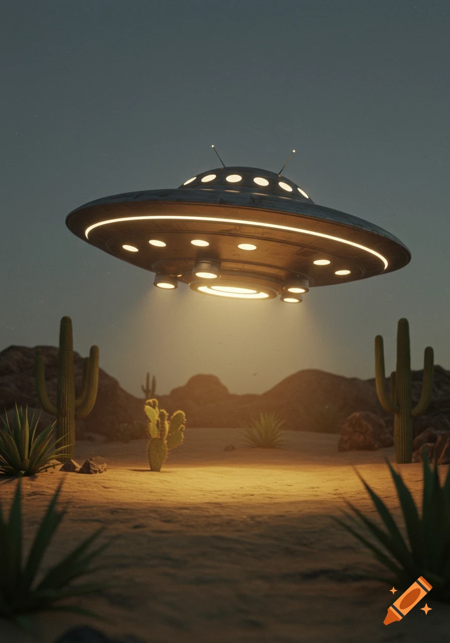 A metallic UFO with glowing lights hovers over a desert landscape with saguaro cacti and mountains at dusk, illuminated by a spotlight beam.