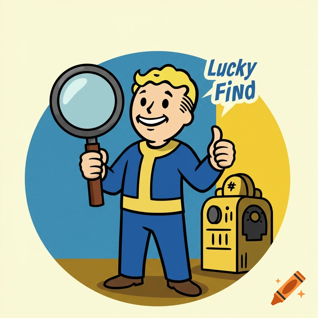 Vault Boy cartoon character giving a thumbs up, holding a magnifying glass, and standing next to a vending machine with a speech bubble that says 'Lucky Find'.