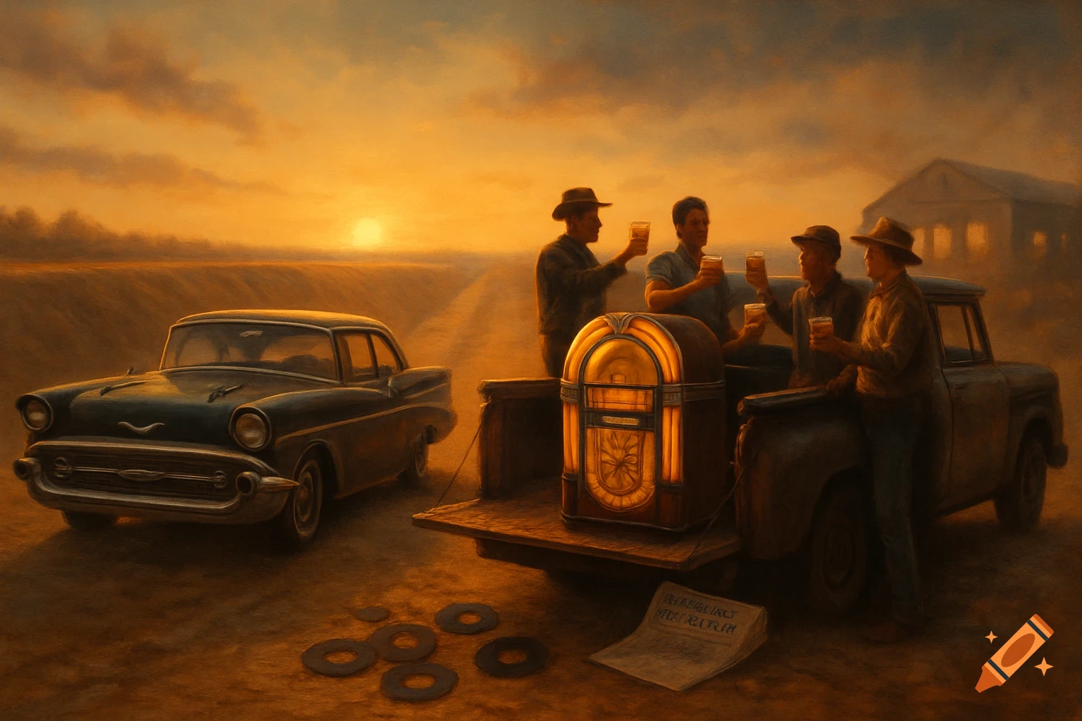 An oil painting of four men drinking near a classic car, a pickup truck, and a jukebox on a rural road at sunset.