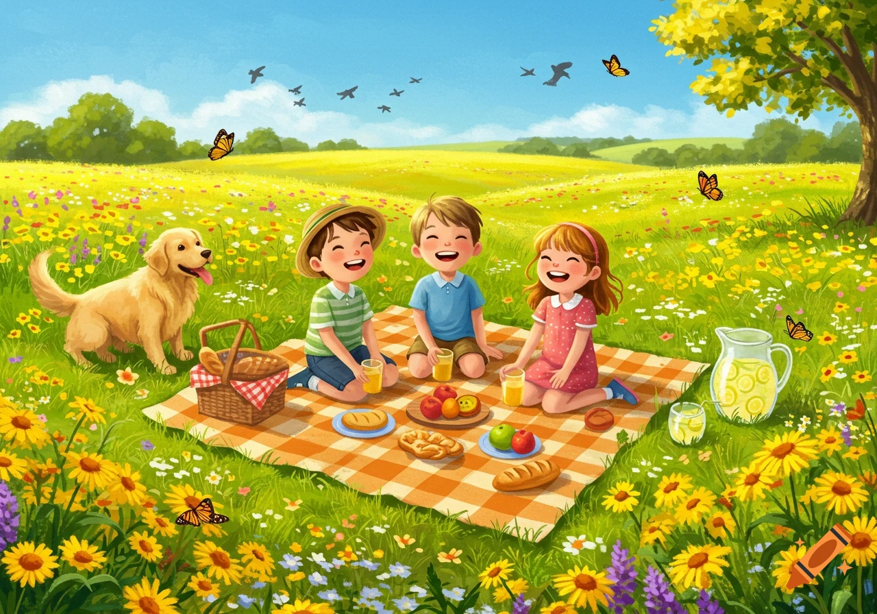 Three happy children and a golden retriever picnic in a sunny meadow filled with colorful wildflowers and butterflies. Bright illustration.