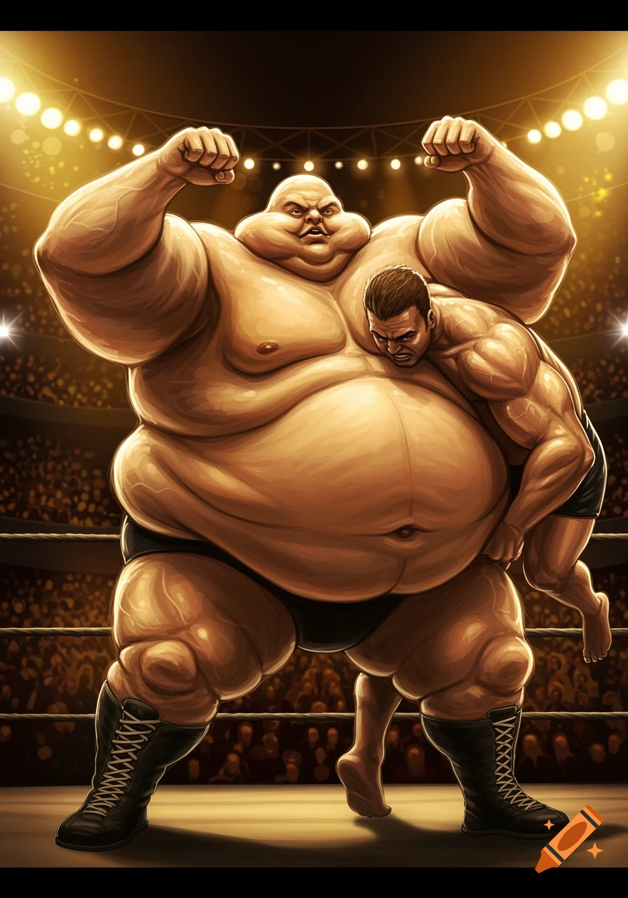A giant, muscular wrestler flexes while holding a smaller wrestler in a headlock in a brightly lit wrestling ring, in an illustrated style.
