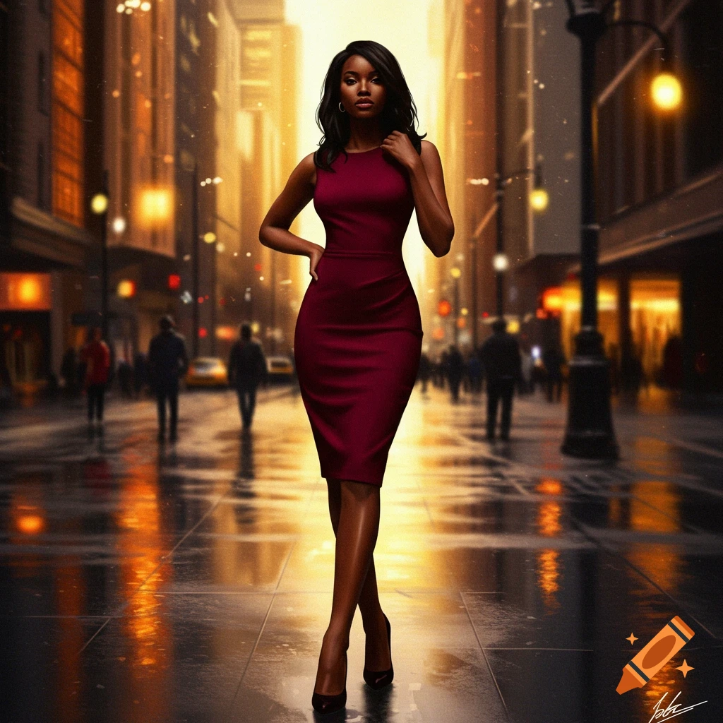 A woman in a red dress walking on a wet city street at sunset, with blurry buildings and lights in the background. Photorealistic style.