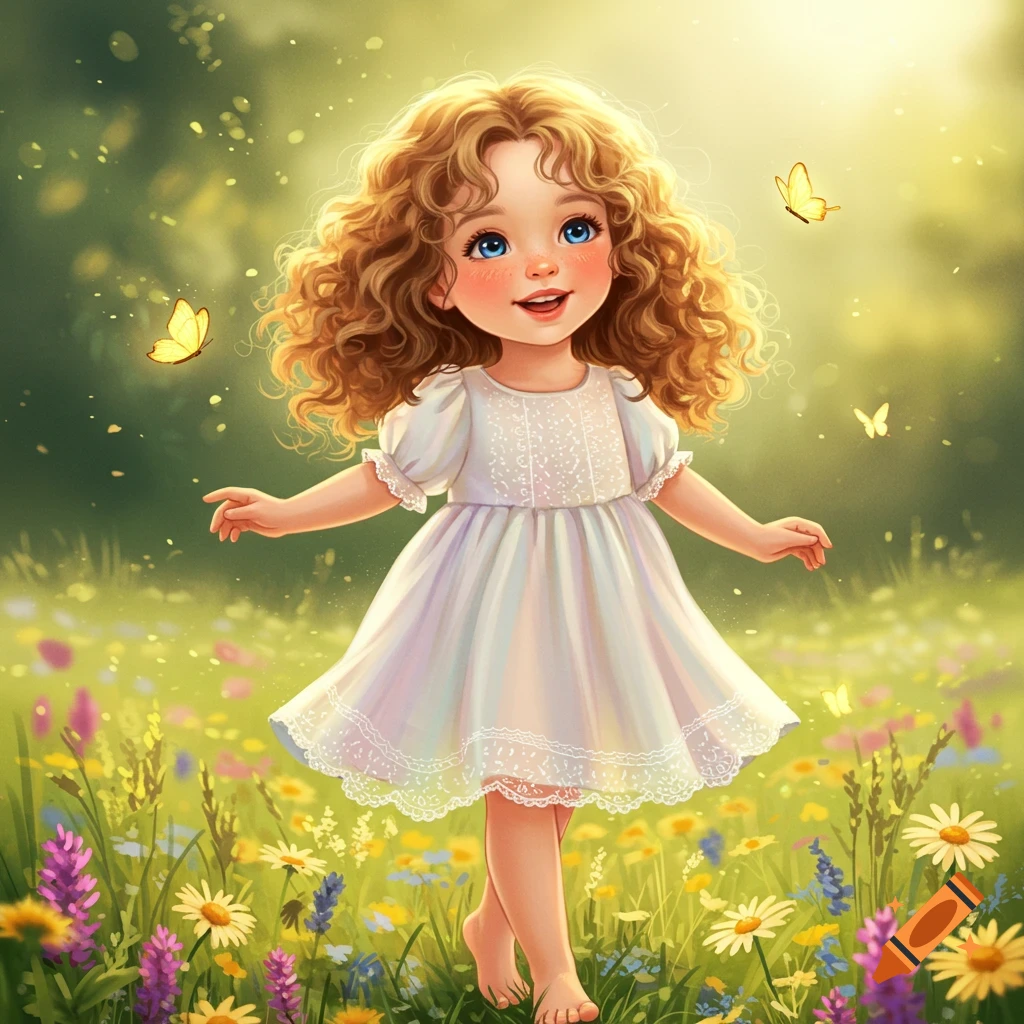 A cartoon little girl with curly blonde hair and blue eyes, wearing a white dress, happily standing barefoot in a vibrant flower field with butterflies.