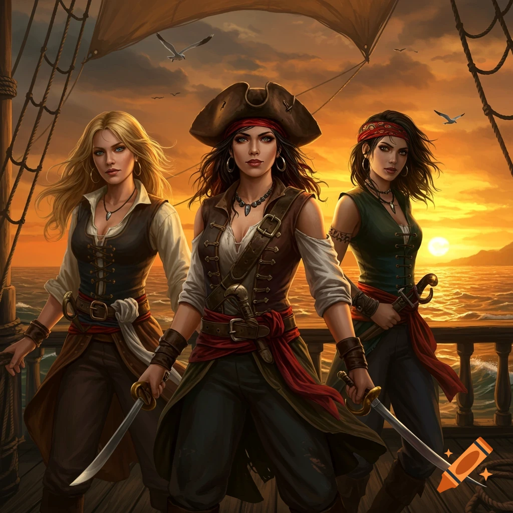 Three female pirates with swords stand on a ship deck at sunset, in a fantasy art style.