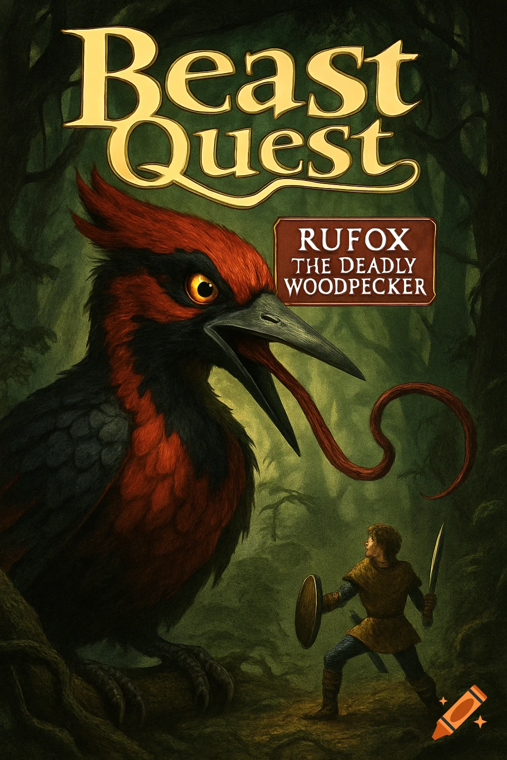 Book cover of a giant red woodpecker with a long tongue confronting a warrior in a dark forest. Text: Beast Quest.