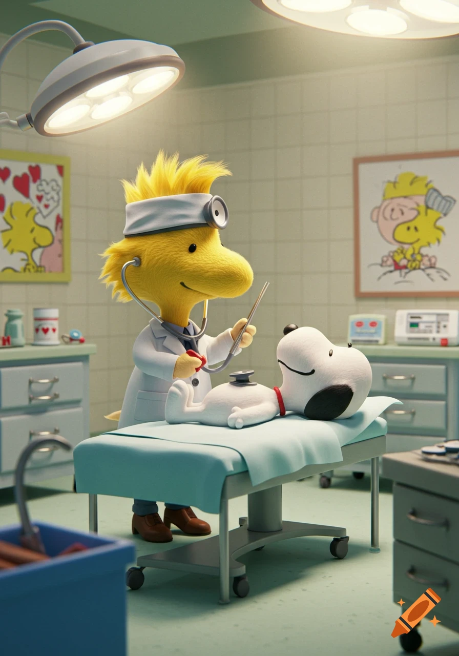Woodstock, dressed as a doctor, examines Snoopy with a stethoscope on an operating table in a stylized medical room.