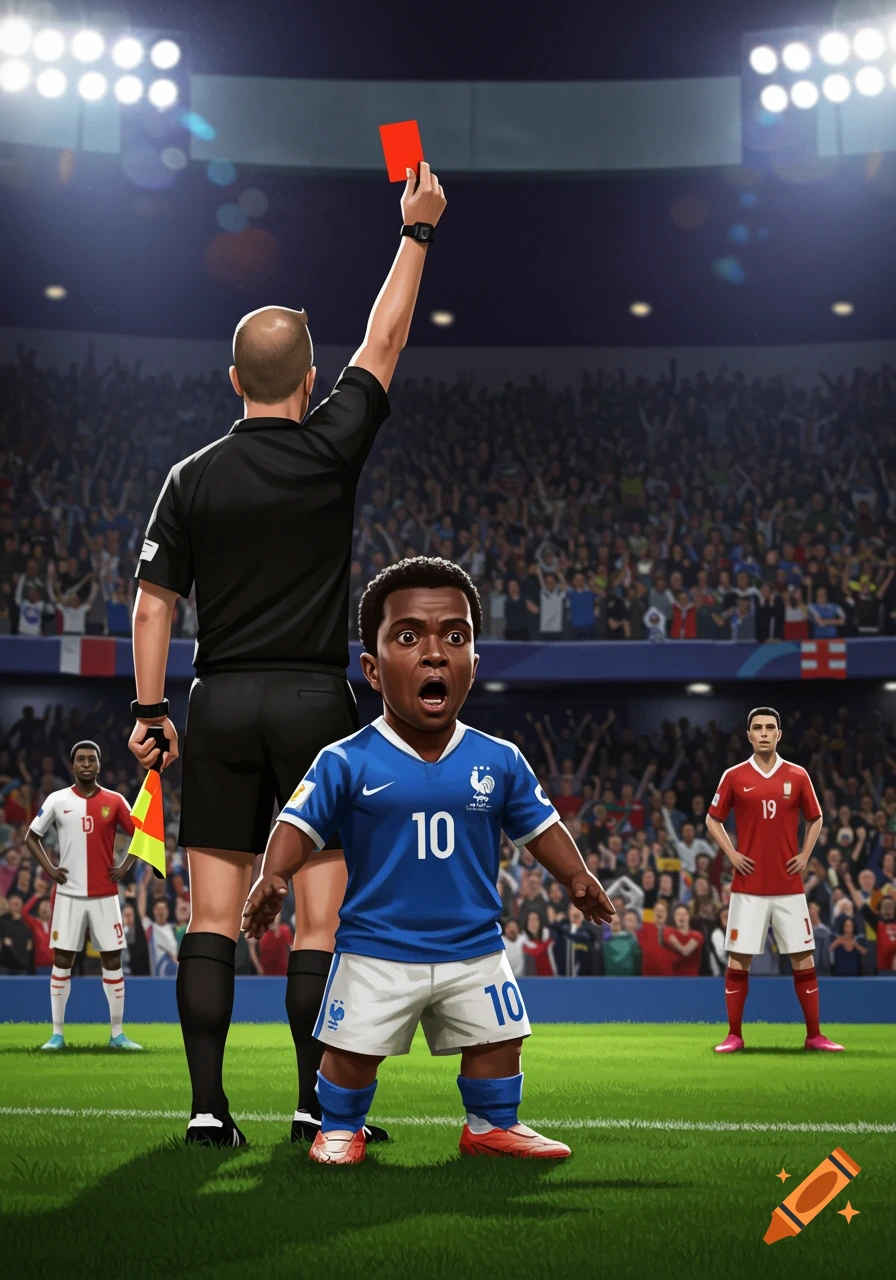 A football referee holds up a red card to a surprised, small player wearing a blue French team uniform with number 10.