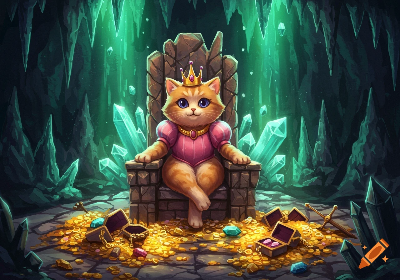 A cute orange cat wearing a pink dress and crown sits on a stone throne in a dark green crystal cave, surrounded by gold coins and jewels.