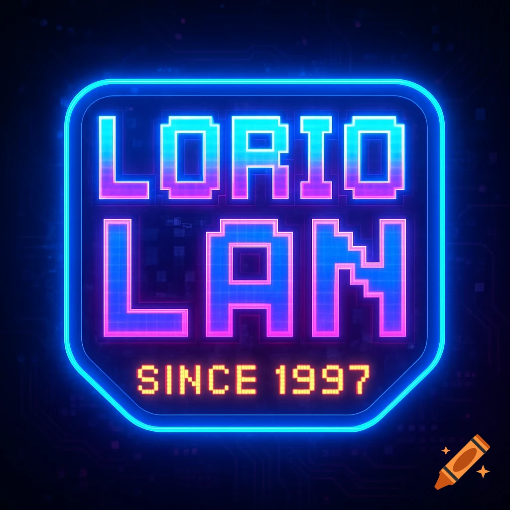A retro pixelated neon sign logo for 'LORIO LAN' with 'SINCE 1997' below it, against a dark circuit board background.