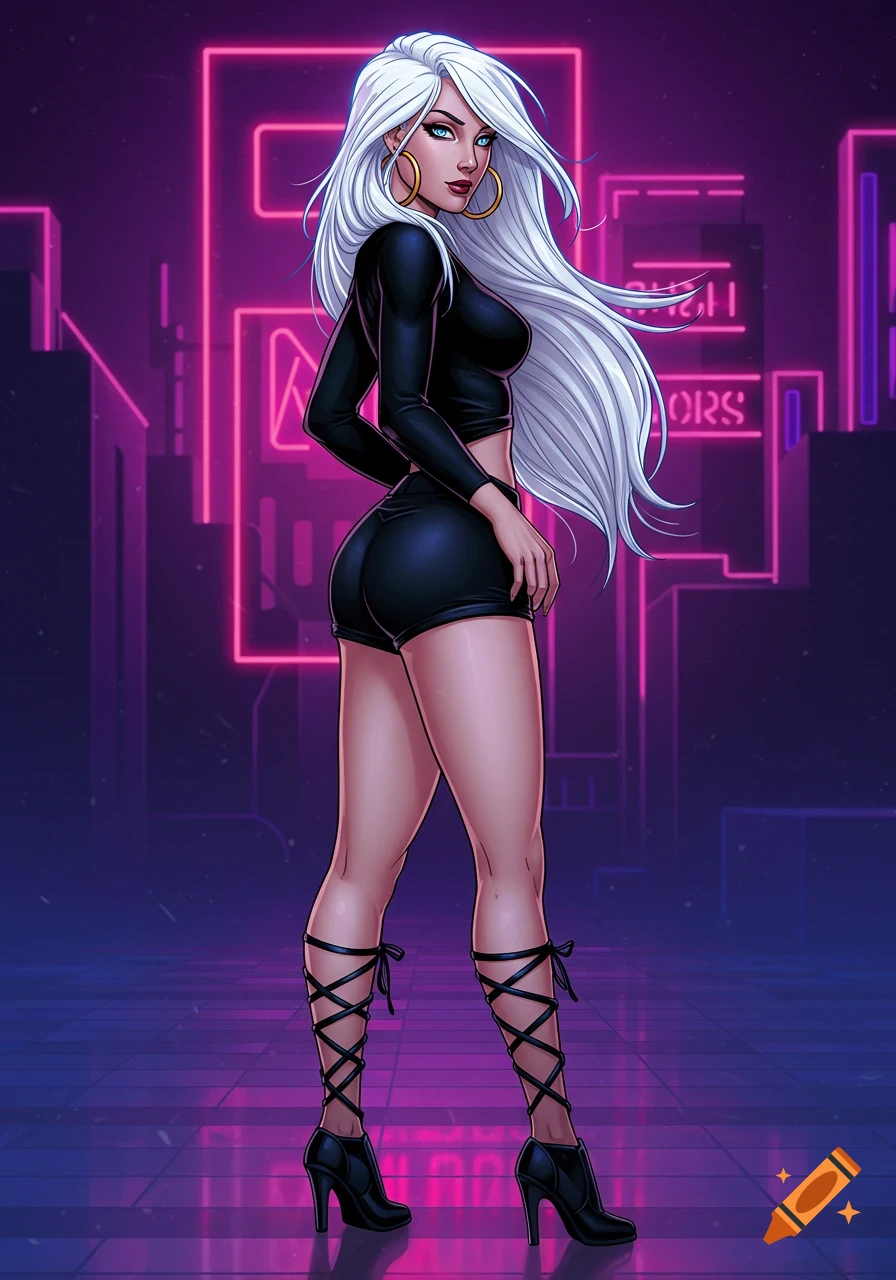 A stylized woman with long white hair and blue eyes in a black crop top, mini shorts, and laced boots stands against a neon pink city background.