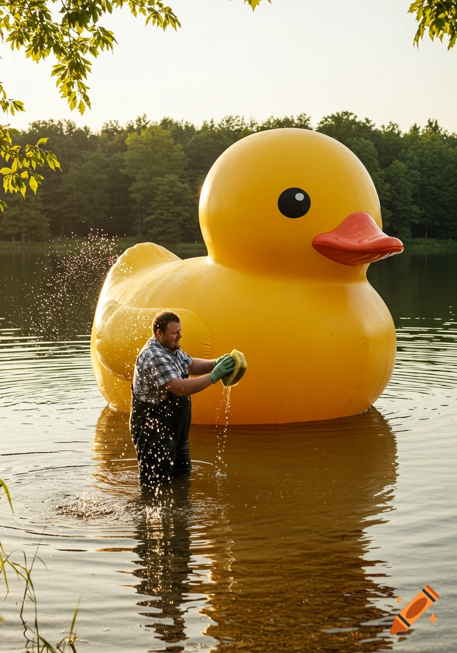 Photorealistic image of a man in overalls cleaning a giant yellow rubber duck in a lake.
