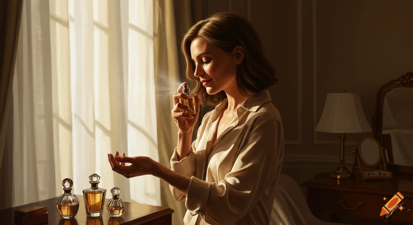 A woman in a sunlit room applies perfume to her wrist and smells it, with perfume bottles on a nearby table.