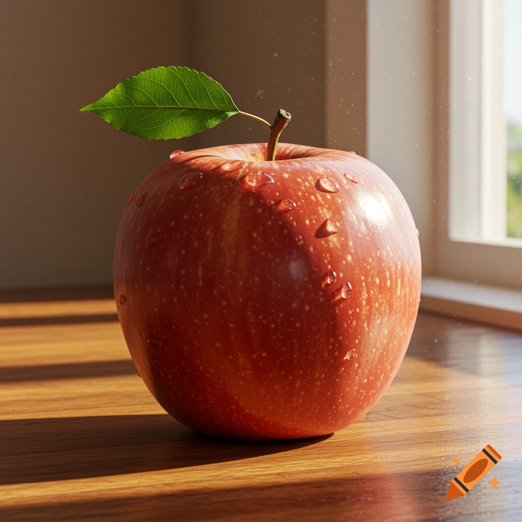 A photorealistic close-up of a red apple with water droplets and a green leaf on a wooden surface, bathed in sunlight from a window.