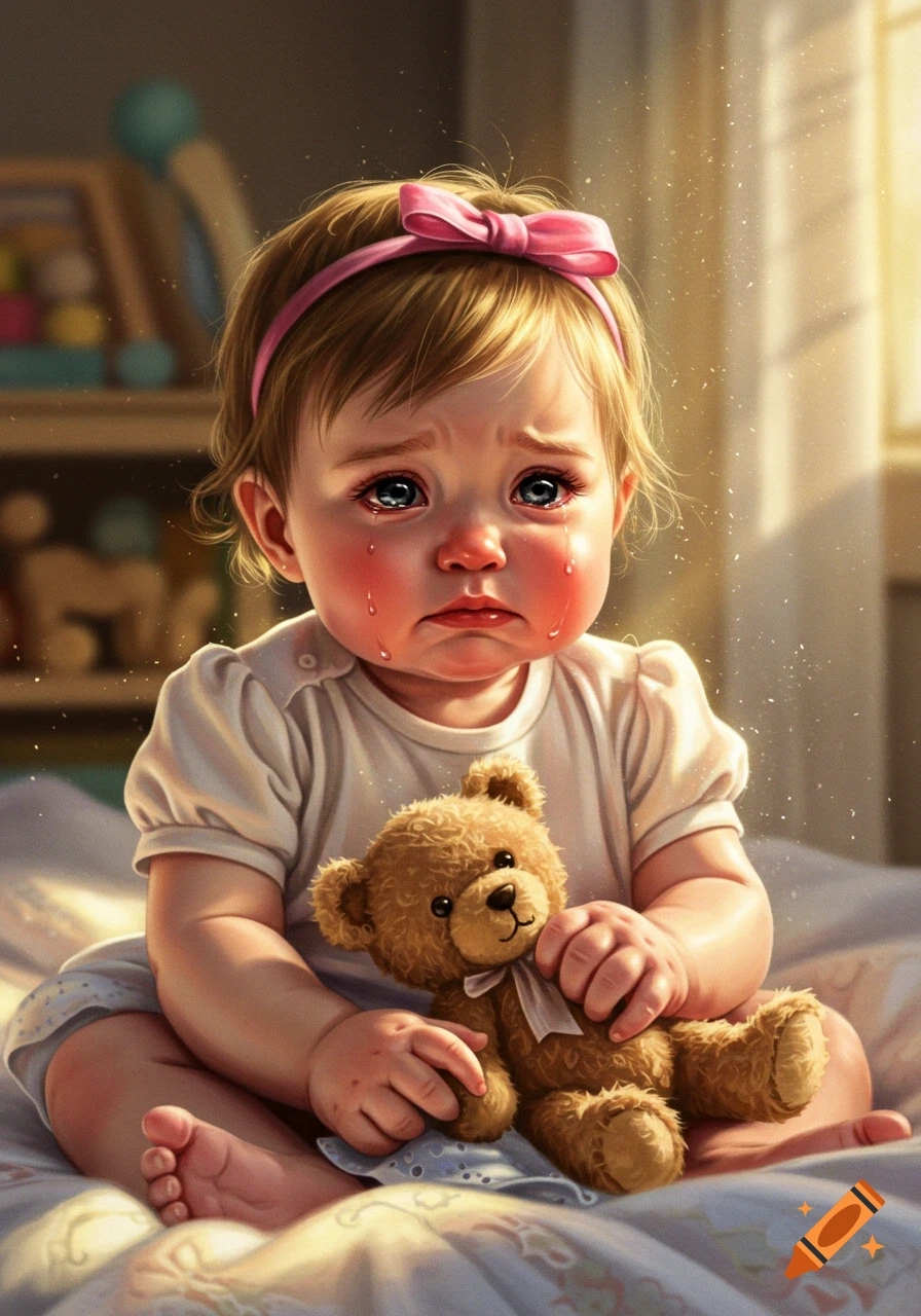 A crying baby girl with a pink headband sits on a bed, holding a teddy bear. Tears stream down her reddened cheeks.