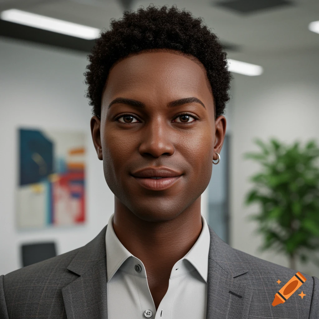 Photorealistic portrait of a young Black person with curly hair, wearing a suit and shirt, in an office.