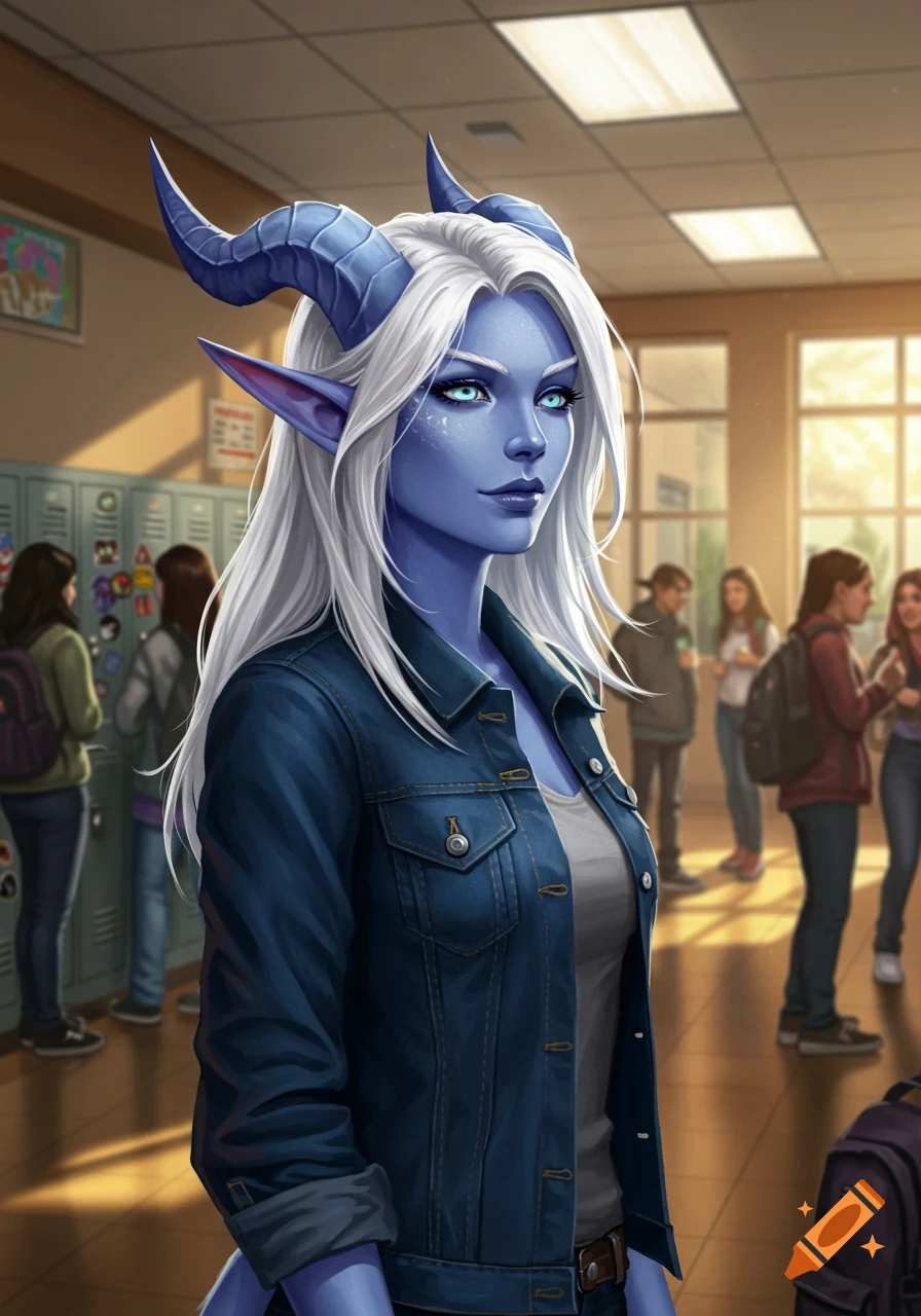 Blue-skinned Draenei woman with white hair and horns in a denim jacket standing in a high school hallway.