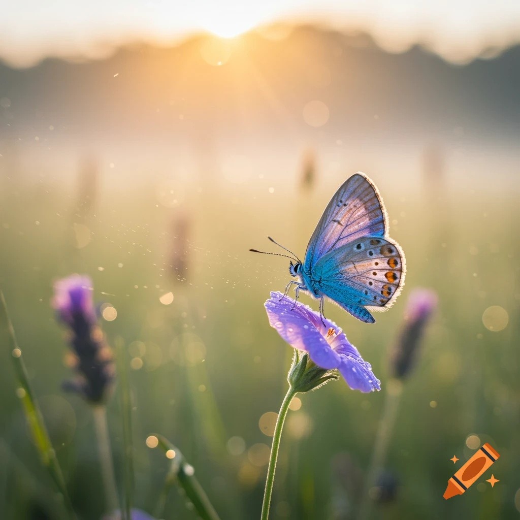 A vibrant blue butterfly with orange spots on its wings rests on a dew-covered purple flower during sunrise in a field.