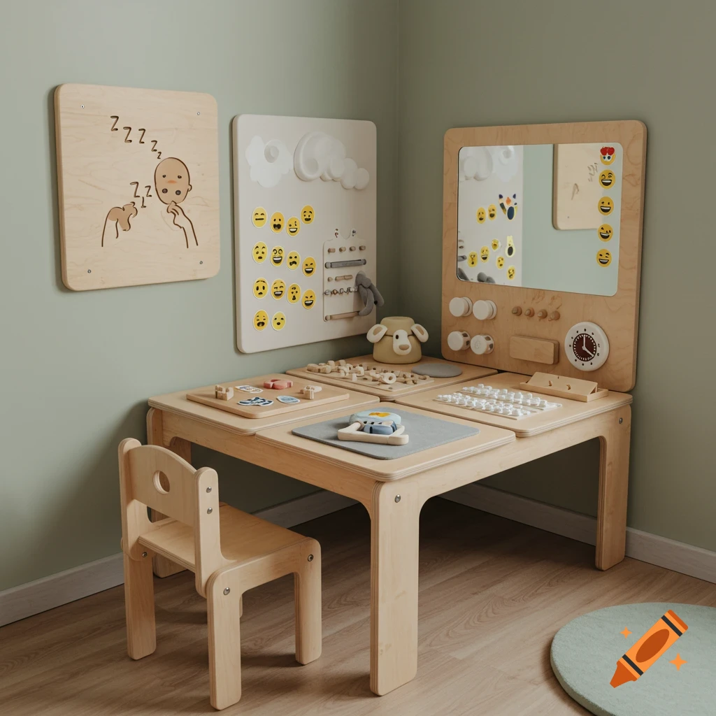 A wooden Montessori-style activity table with a matching chair in a light green room, featuring modular panels with a sleeping baby drawing, emoji mirror, and sensory elements.