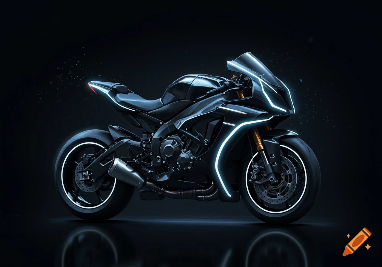 A sleek black sports bike with glowing white neon lines, in a futuristic Tron style, set against a dark background.