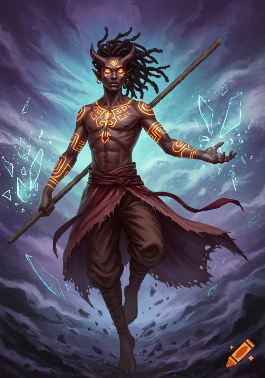 A dark-skinned horned man with glowing tattoos and dreadlocks holds a staff, floating amidst shattering glass in a fantasy art style.