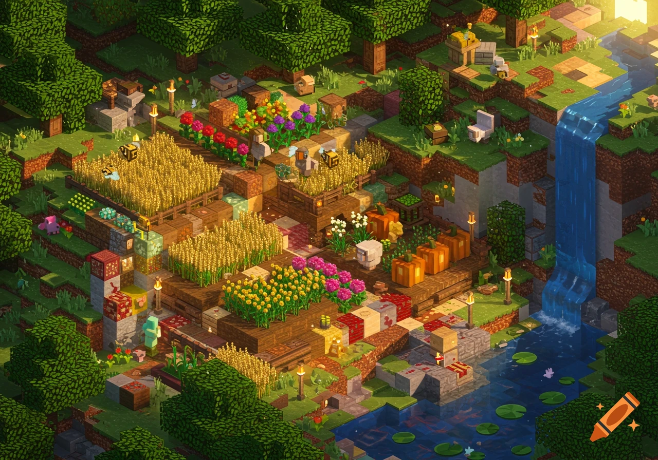Isometric Minecraft-style garden base with tiered crops, trees, a waterfall, and a river.