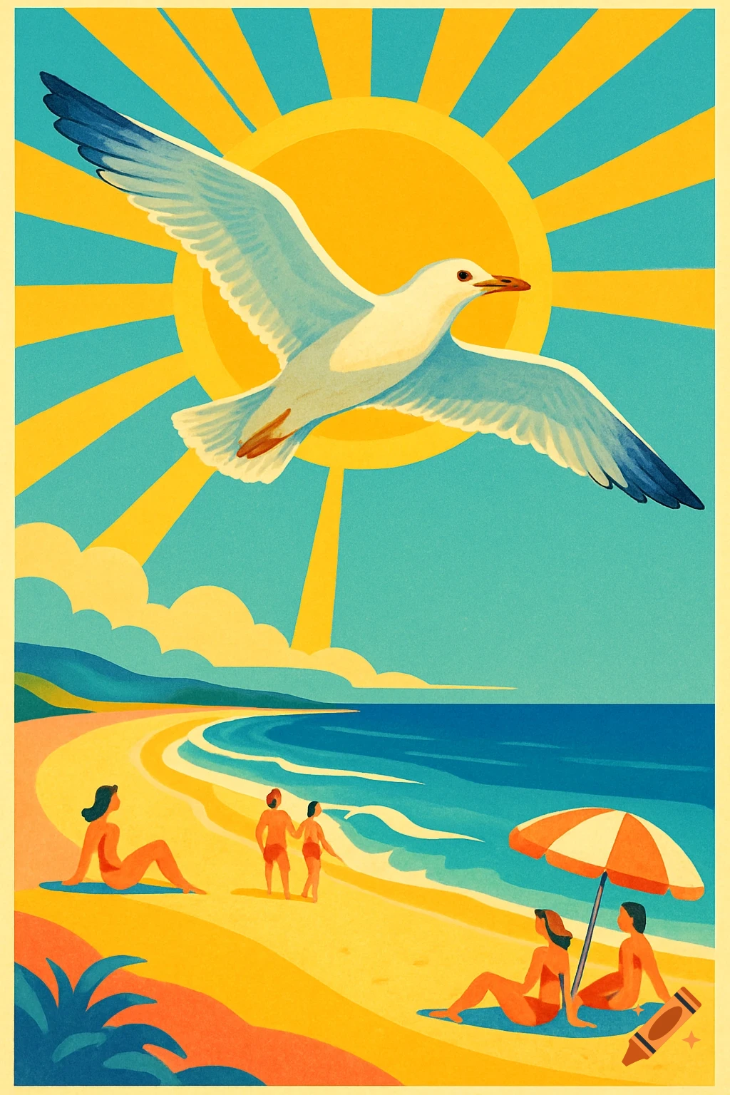 A colorful 60s style travel poster depicts a large seagull flying over a sunny beach with people relaxing.