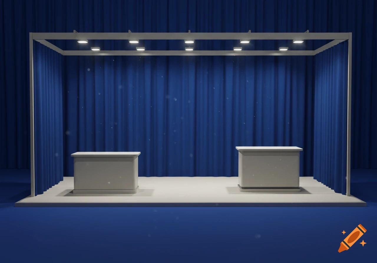 An empty convention booth with a blue curtain backdrop and two light gray tables, illuminated by overhead lights.