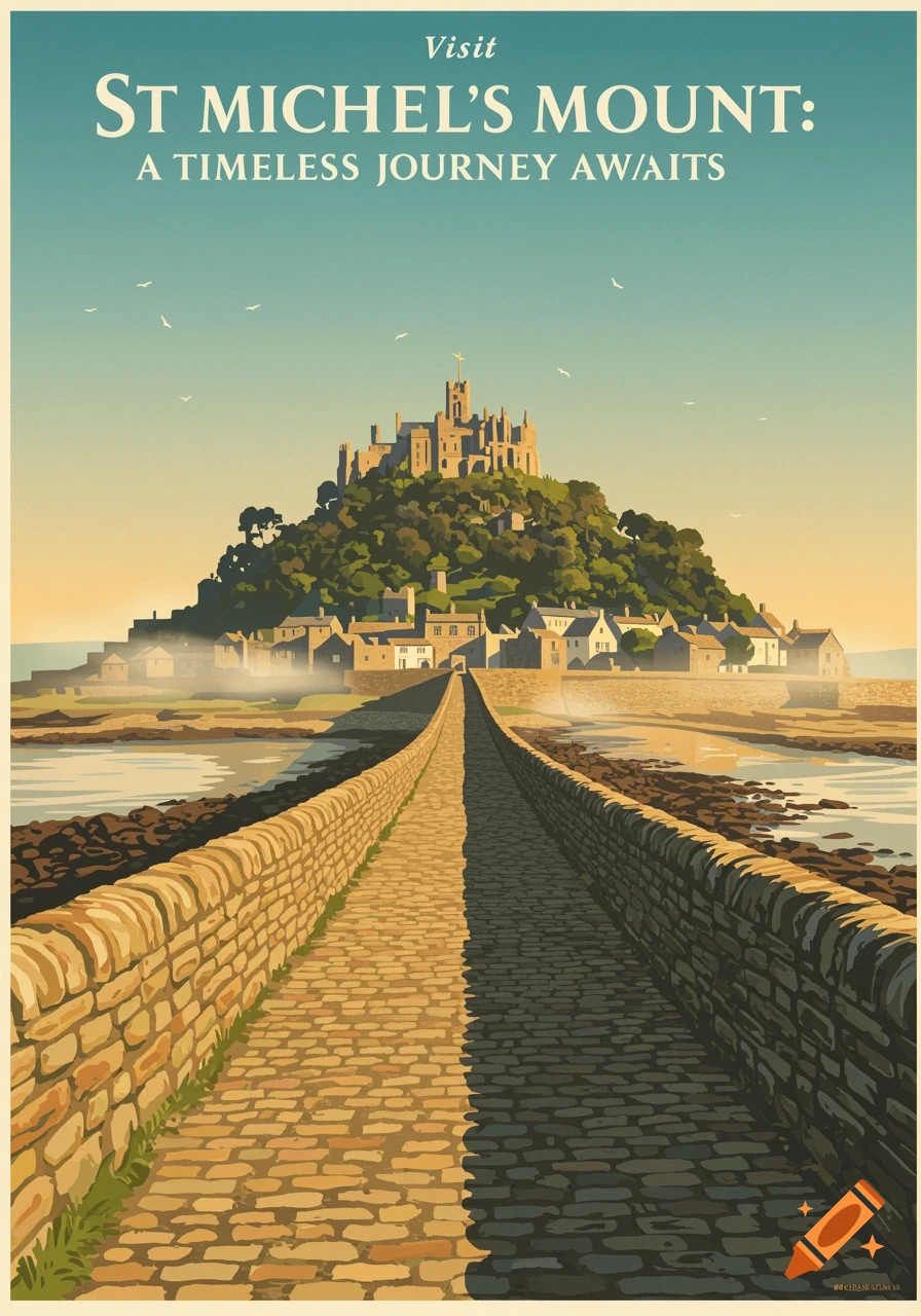 Vintage-style travel poster of St. Michael's Mount, with a long stone causeway leading to a castle on a hill.