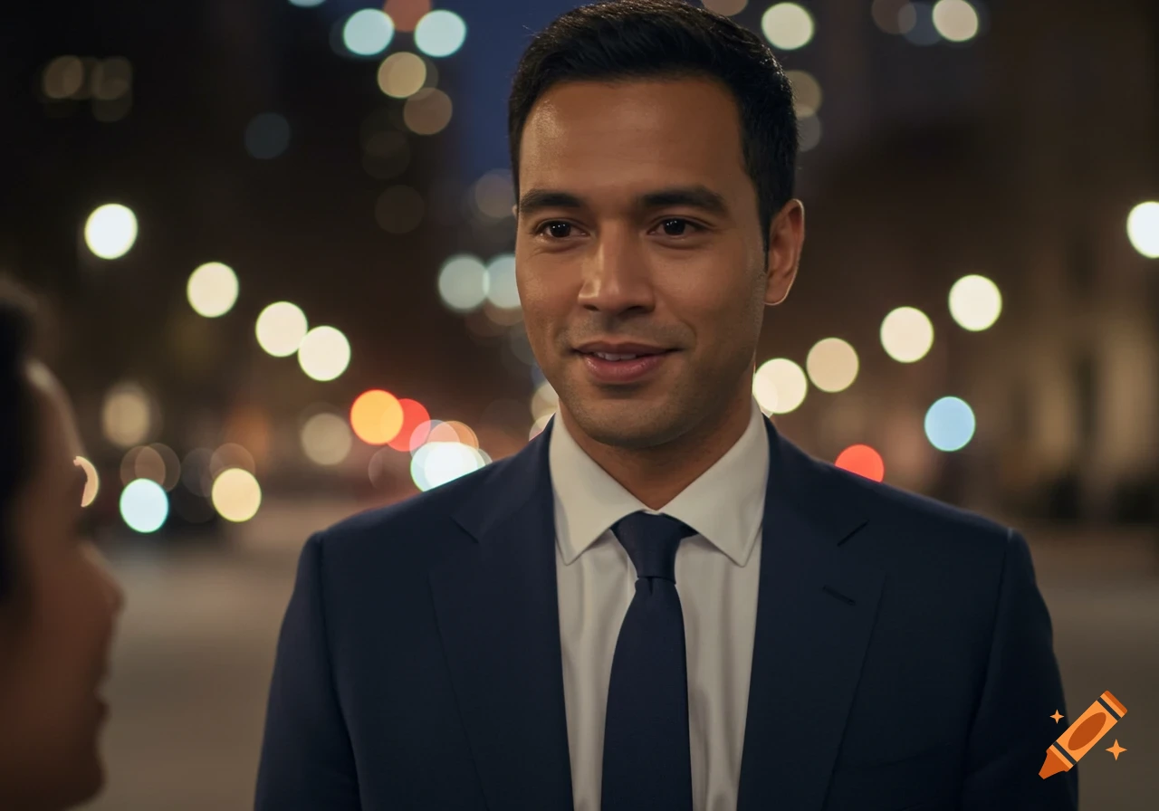 A man in a suit smiles in an urban night setting with blurred city lights in the background.