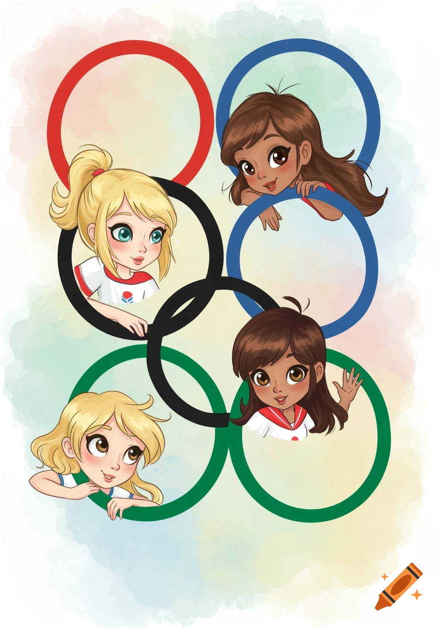 Four cartoon girls with blonde and brown hair peek out from inside colorful Olympic rings against a watercolor background.