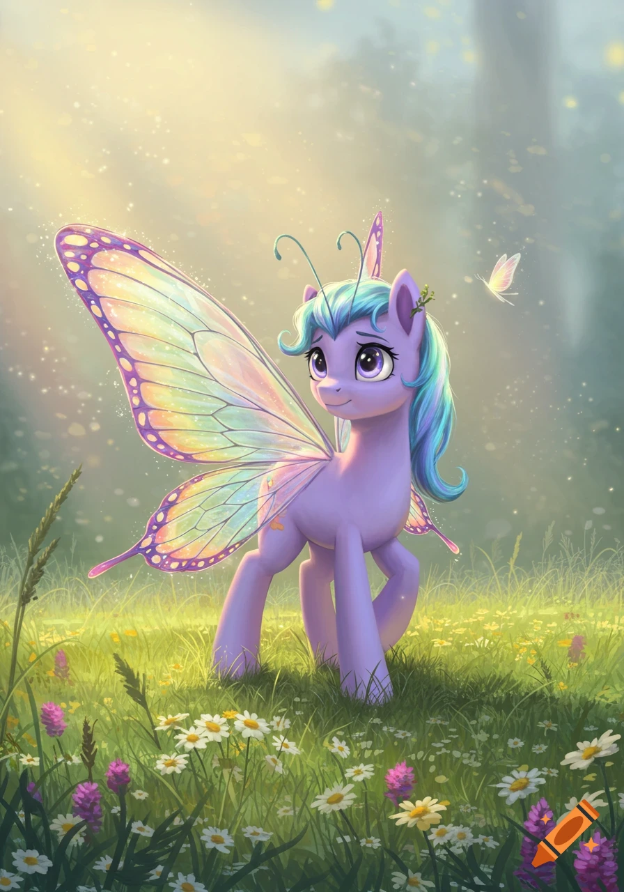 A purple pony with colorful butterfly wings and a blue-green mane stands in a sunny field of white and purple flowers.