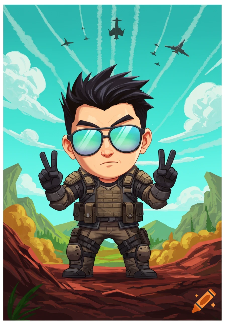 A chibi cartoon Asian male soldier with spiky hair and sunglasses makes peace signs, with mountains and fighter jets in the background.
