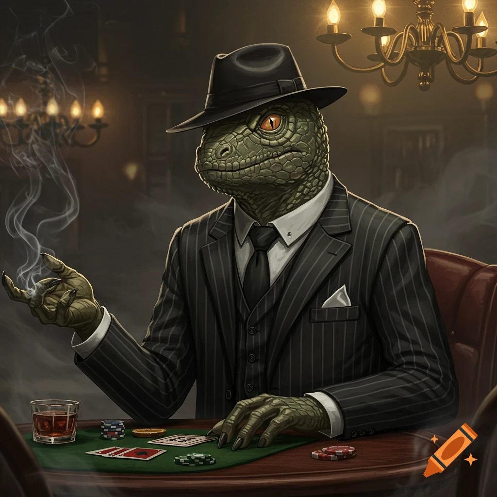 A detailed digital painting of a humanoid lizard in a pinstripe suit and fedora, smoking a cigar, at a poker table with cards and chips.