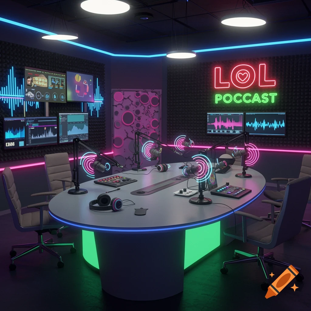A futuristic podcast studio with neon pink and blue lights, microphones, headphones, and screens displaying sound waves, with an 'LOL PODCAST' neon sign.