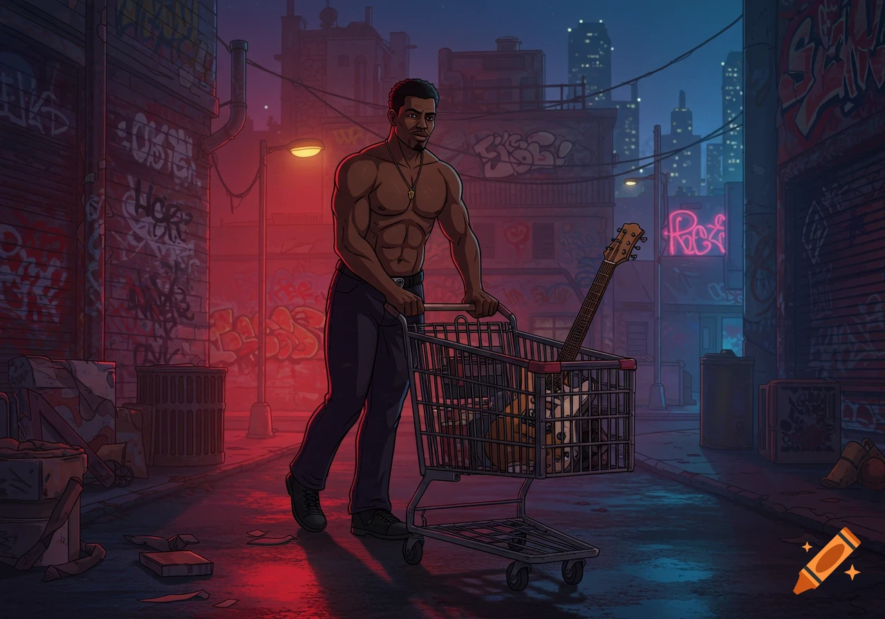 A muscular man, shirtless, pushes a shopping cart with a guitar down a dark, graffiti-covered city alley at night, in a cartoon style.