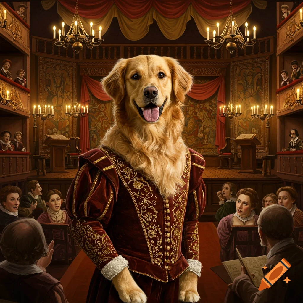 A golden retriever dog in an elaborate historical costume stands on a stage in a grand theater, with an audience in the foreground and balconies.