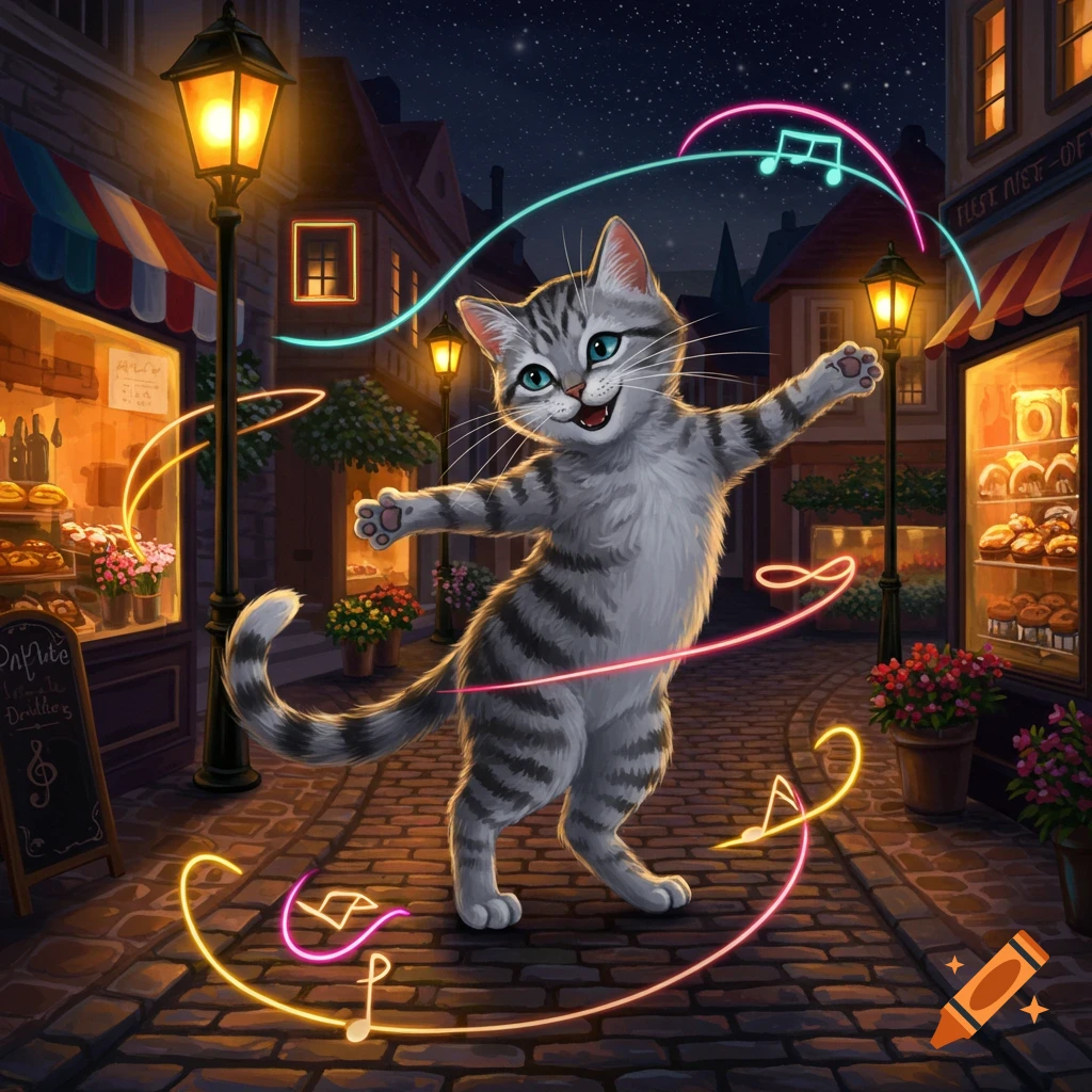 A whimsical grey tabby cat dances on a cobblestone street at night, surrounded by glowing neon musical notes and illuminated lampposts and shop windows.