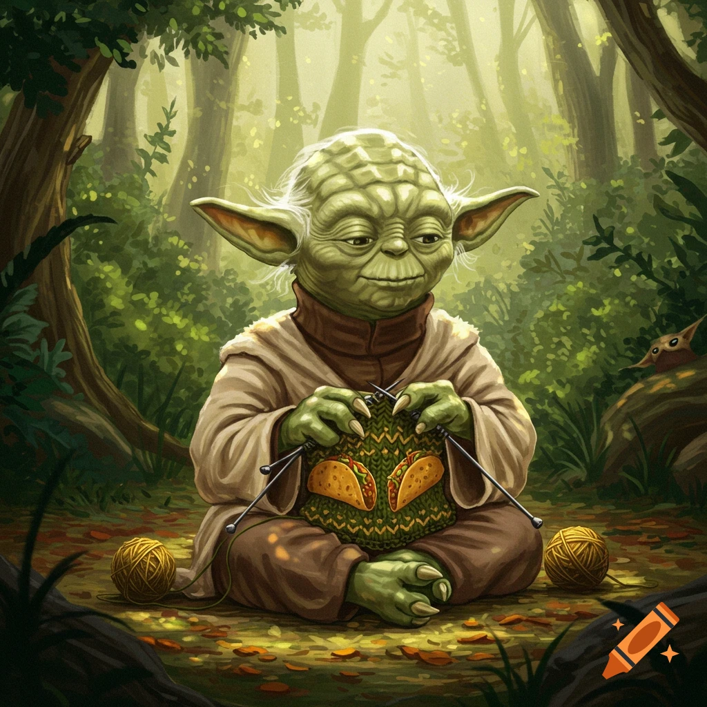 Yoda sits cross-legged in a lush forest, knitting a green sweater with two taco designs. Two balls of yellow yarn sit on the ground.