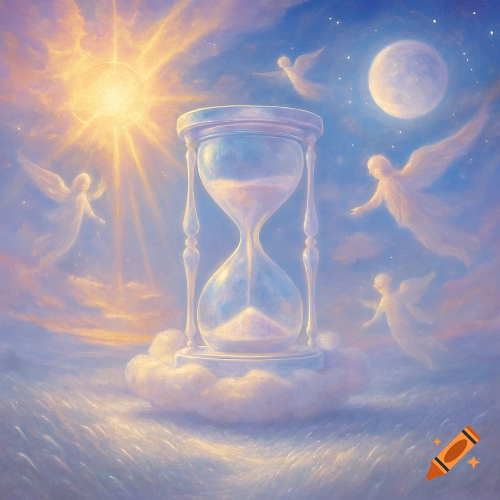 An hourglass stands on clouds, surrounded by glowing angelic figures, a bright sun, and a full moon in a soft, dreamy sky.