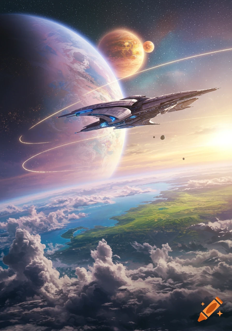 A futuristic starship orbits a lush terraformed planet with vibrant clouds and distant celestial bodies.