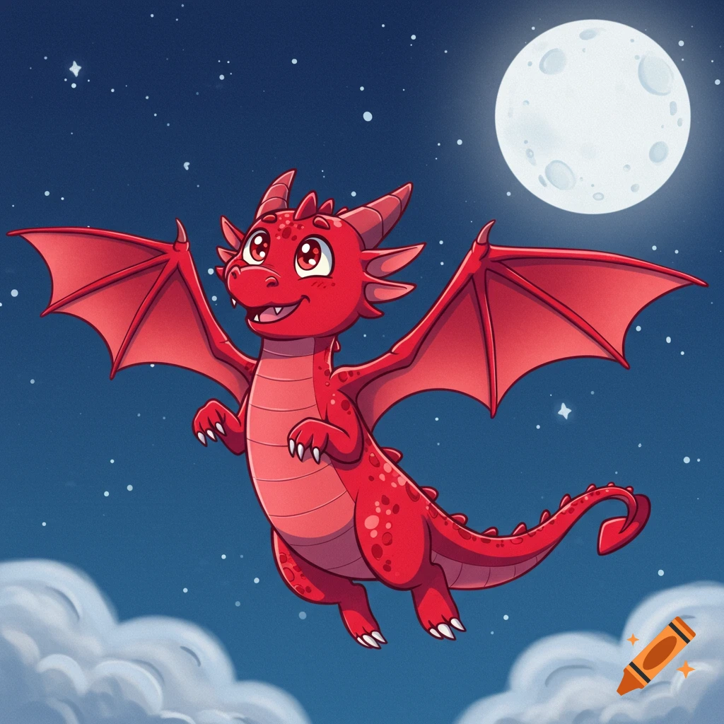 A cute red cartoon dragon with big eyes flies happily at night under a bright full moon, with stars and clouds.